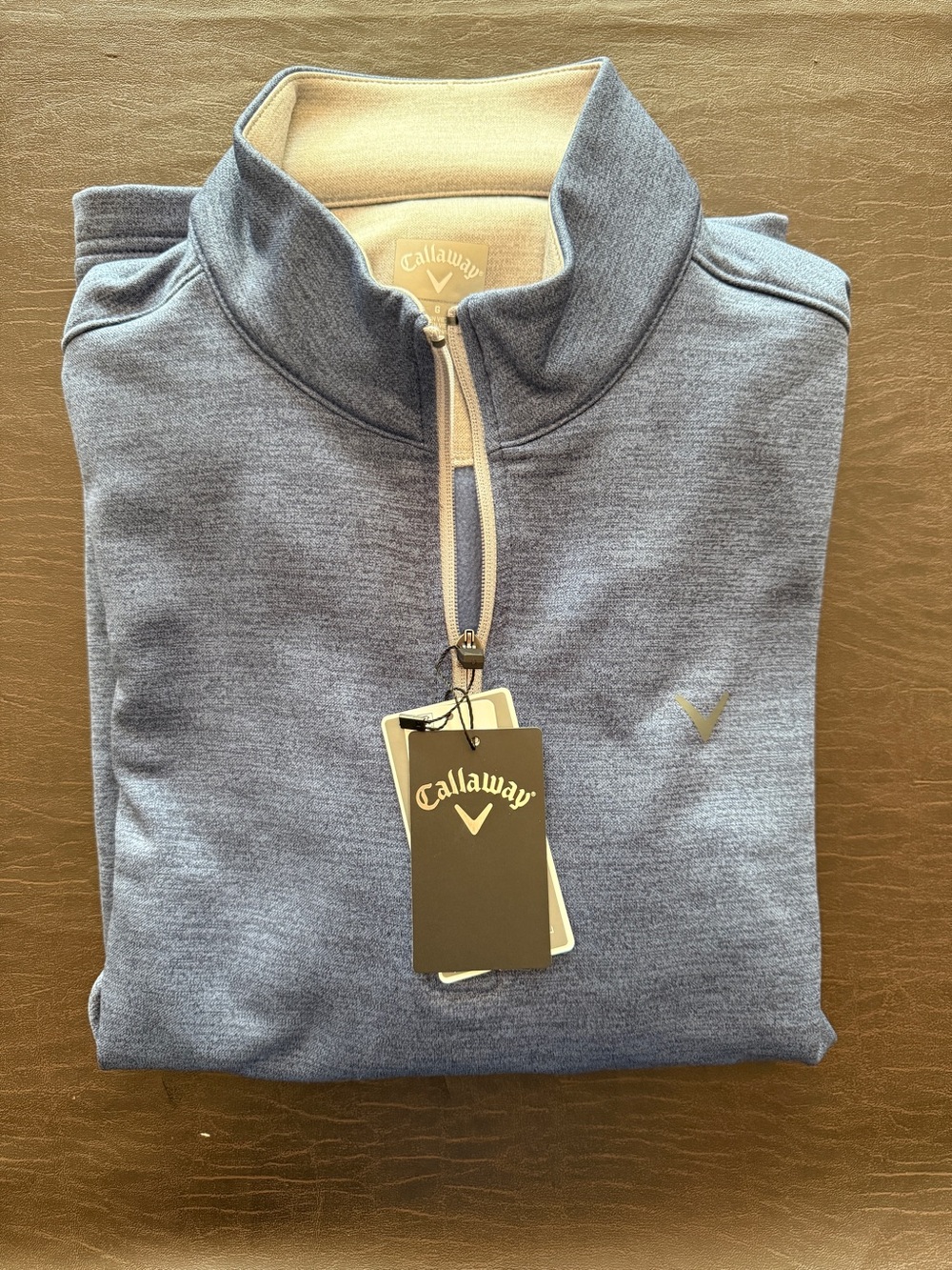 Callaway Heathered Gray-Blue Quarter-Zip Pullover with Tan Trim